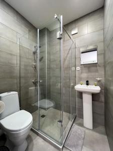 泰拉维Hotel mia Telavi的带淋浴、卫生间和盥洗盆的浴室