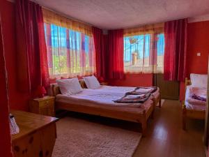 科普里夫什迪察Златкова къща的一间卧室设有一张带红色墙壁和窗户的床。