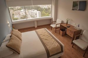 安巴托安巴托酒店的一间卧室配有一张床、一张书桌和一个窗户。