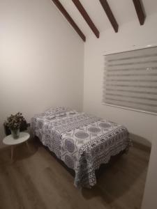 佩雷拉Habitación tranquila en casa campestre的一间卧室配有一张床、一张桌子和一个窗户。