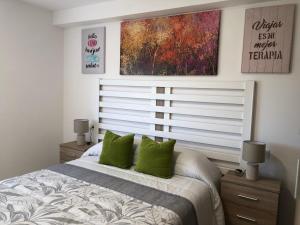 拉科萨CASA MAR DE LUNA Playas en Raxo的一间卧室配有一张带两个绿色枕头的床