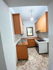 地拉那Memory Tirana Apartments的一个带木制橱柜和水槽的小厨房