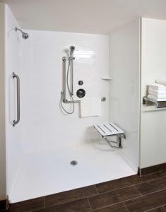 Point Edward萨尼亚/爱德华点汉普顿酒店的带淋浴和长凳的白色浴室