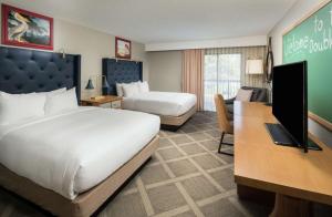 盖恩斯维尔盖恩斯维尔希尔顿逸林酒店的酒店客房配有两张床和一张书桌