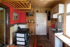 ČierneHorská Roubenka Emma的厨房设有红色的墙壁、水槽和炉灶。