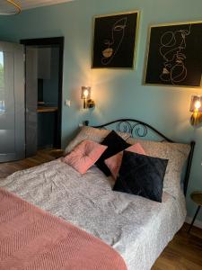 彼得库夫特雷布纳尔斯基Belzacka City Apartment的一间卧室配有带粉色和黑色枕头的床