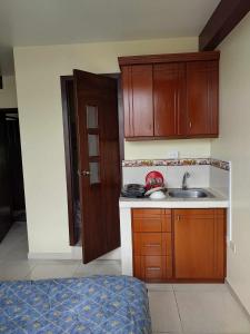 安巴托Ideal para descansar的一个带木制橱柜和水槽的小厨房