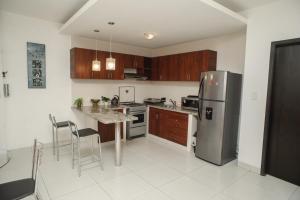 圣克鲁斯Downtown Apartments "Altos del Sur"的厨房配有不锈钢冰箱和桌子