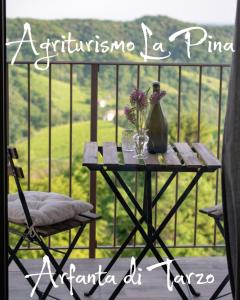 TarzoAgriturismo La Pina的阳台上的桌子上摆放着花瓶和鲜花