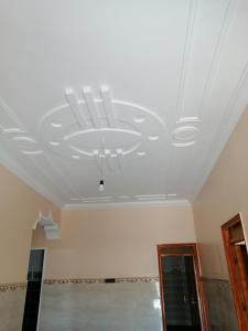 胡塞马Bokidan的一间设有白色天花板和吊灯的客房