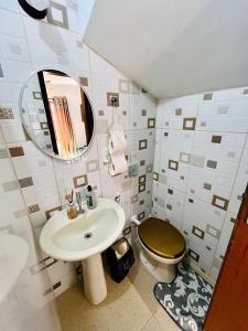 阿拉亚尔达茹达Chales de Arraial d' Ajuda的一间带水槽、卫生间和镜子的浴室