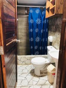 洛维托斯Casa Lobos的浴室设有卫生间和蓝色的浴帘。