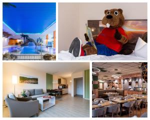 巴特劳特贝格Familien Apartmenthotel Panoramic的餐馆照片的拼贴图,有泰迪熊