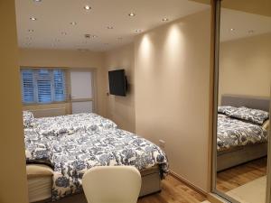 依尔福London Luxury Apartments 3 Bedroom Sleeps 8 with 3 Bathrooms 4 mins walk to tube free parking的一间卧室配有一张床和镜子
