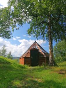 VårhusHessdalen Ufocamp的树旁的山丘上的一个谷仓