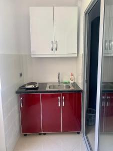 萨兰达Hotel Piazza的一间带红色橱柜和水槽的厨房