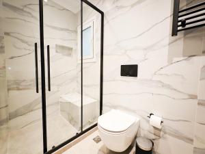 雅典AKO12 Central Athens Metaxurgio Apartment的白色的浴室设有卫生间和淋浴。
