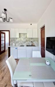 鲁特罗Apartamenty Harnaś的厨房配有蓝色桌子和白色橱柜