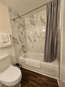 萨默赛德Sunflower Guest Suites的带浴缸、卫生间和淋浴的浴室。