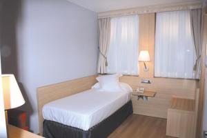 萨拉戈萨U Hotel Villa-Gomá的一间卧室配有一张床、一张书桌和一个窗户。