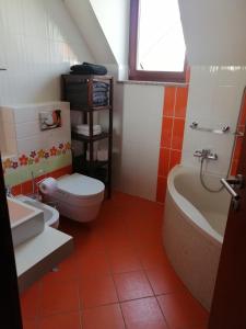 PlaninaHisa Haasberg的浴室配有卫生间、盥洗盆和浴缸。
