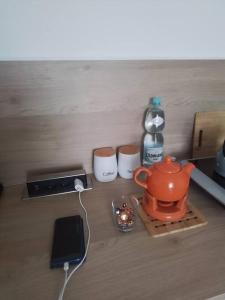 普热梅希尔Studio z widokiem na rzekę的茶壶和一瓶水的柜台