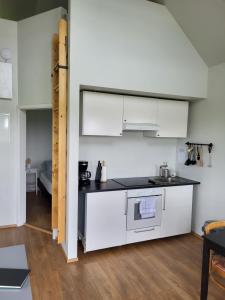 塞尔福斯Hólar countryside cabin 1的厨房配有白色橱柜和炉灶。
