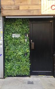 伦敦Modern Studio Apartment In Shoreditch的一座带黑色门的绿色墙的建筑