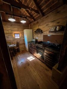 奥托亚克Glamping Paradise Škatlar的厨房配有炉灶、冰箱和桌子