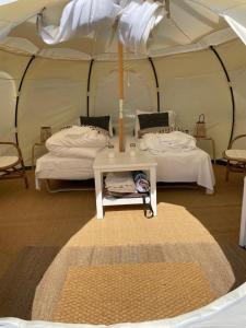 TanderupMellem-rummet Guesthouse & Glamping的一间设有两张床的房间和一张帐篷内的桌子
