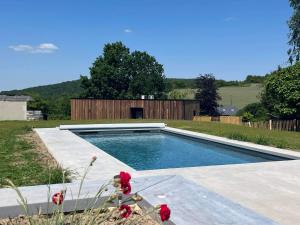 YvoirAu Mas de Mont的一座游泳池,位于一个红色鲜花的庭院内