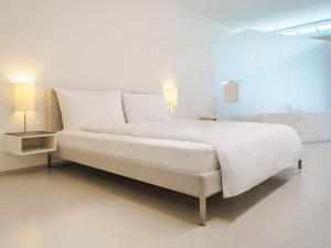 苏黎世Greulich Design & Boutique Hotel的一张大白床,位于带两盏灯的房间