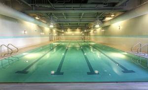 西雅图巴拉德酒店的一座大型室内游泳池,游泳池拥有绿色的海水