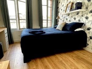 德勒Appartement cosy et lumineux centre-ville #4的一间卧室配有一张带蓝色棉被的床