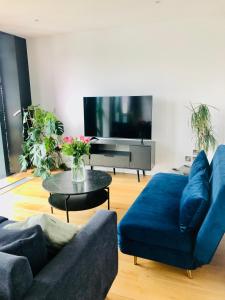 伦敦Luxury 2 bedroom apartment 20 min from central London的客厅配有蓝色的沙发和电视