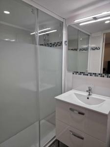 阿尔勒Mas d'Alivon的带淋浴和盥洗盆的白色浴室