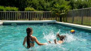 Chassenard德磨伊西尔斯庄园乡村船屋的两个女孩在游泳池玩球