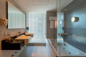 圣地亚哥玛丽娜拉斯康德高级酒店的浴室设有2个水槽、浴缸和镜子