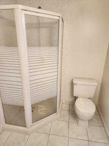 伯纳比Economical Homestay的一间带卫生间和玻璃淋浴间的浴室
