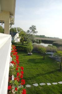 桑托德Sunny Beach Villa的享有带红花的庭院的景色