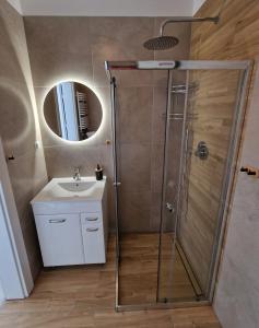 达尔沃沃Apartamenty Malaga II的带淋浴、盥洗盆和镜子的浴室