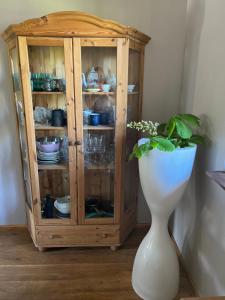 尤尔马拉Augļu ielas viesu māja的木柜,有白色花瓶和植物