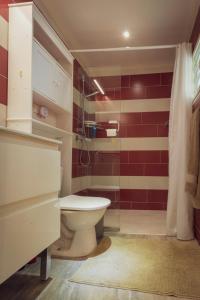 格兰德凯斯Pierre's Place Grand-Case的一间带卫生间和红色墙壁的浴室