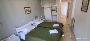 萨摩斯ODYSSEAS HOTEL SAMOS的客房 - 带两张带绿床单的床