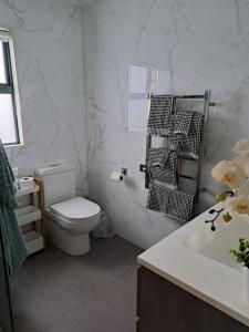 芒格努伊山Sunbrae Beach Sanctuary free high Fibre wifi的白色的浴室设有卫生间和水槽。