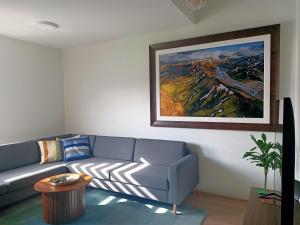 雷克雅未克Puffin Nest, Superior Apartment的客厅配有沙发和墙上的绘画