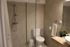 奥赫里德Apartment Sneshka的带淋浴、卫生间和盥洗盆的浴室