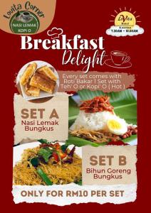 关丹Lovita Hotel Kuantan的一张早餐美食餐厅的传单,上面有一张食物的照片
