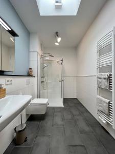 不来梅港COAST HOUSE Seaside Loft的带淋浴、卫生间和盥洗盆的浴室