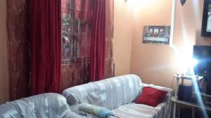 亚的斯亚贝巴Birhan Villa的带沙发和红色窗帘的客厅